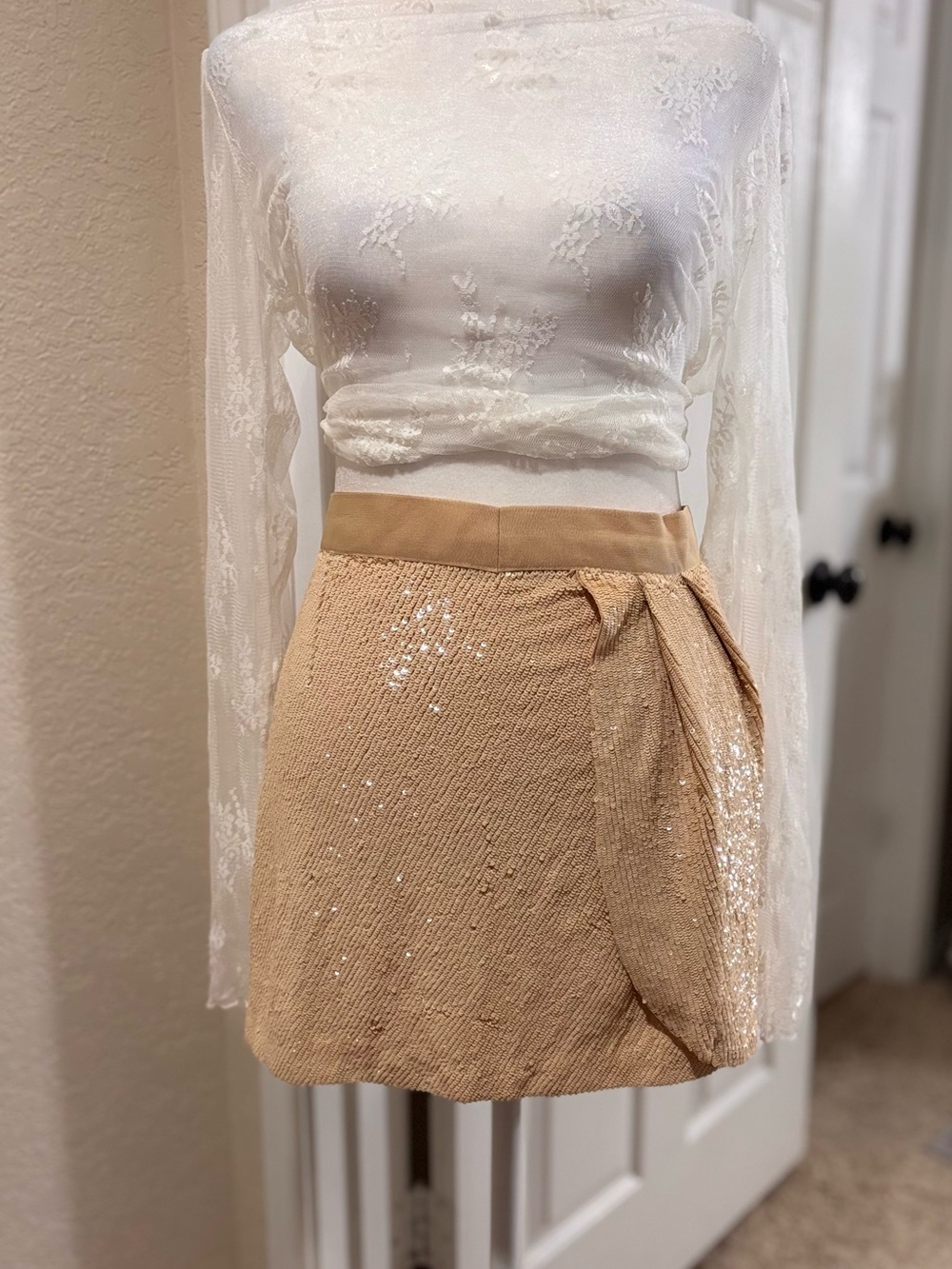Haute Hippie tan Sequin Wrap-Effect Mini Skirt